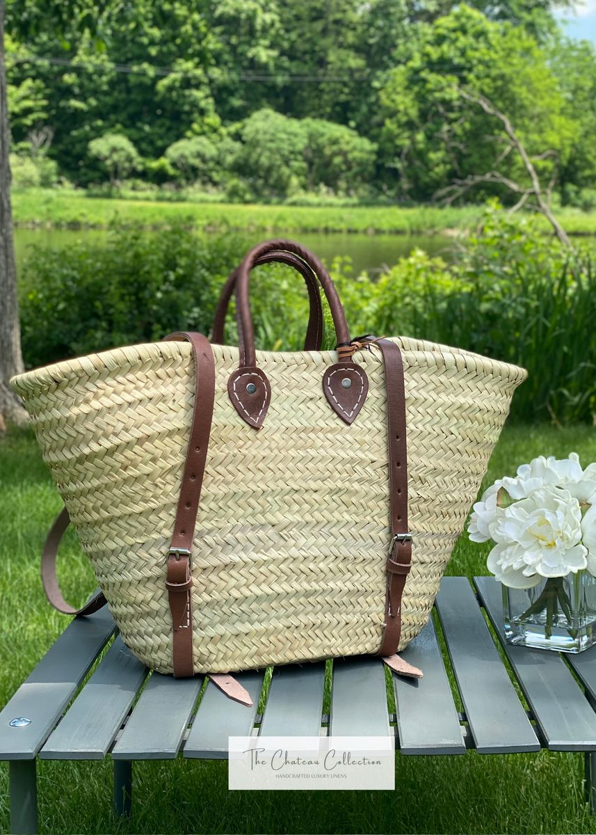 French market basket in straw, Beach Bag Handmade - Natural French Basket  Handle leather